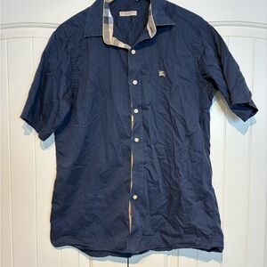 Burberry Navy Short-Sleeve Button-Down with Contrast Check Trim Size L